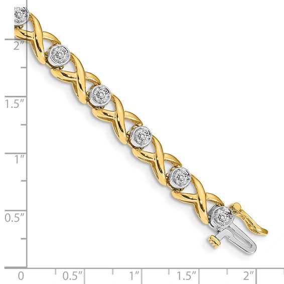 14k Two-tone Holds 1 carat 14-2.6mm Round Diamond 4-prong X-design 7 inch Tennis Bracelet Mounting