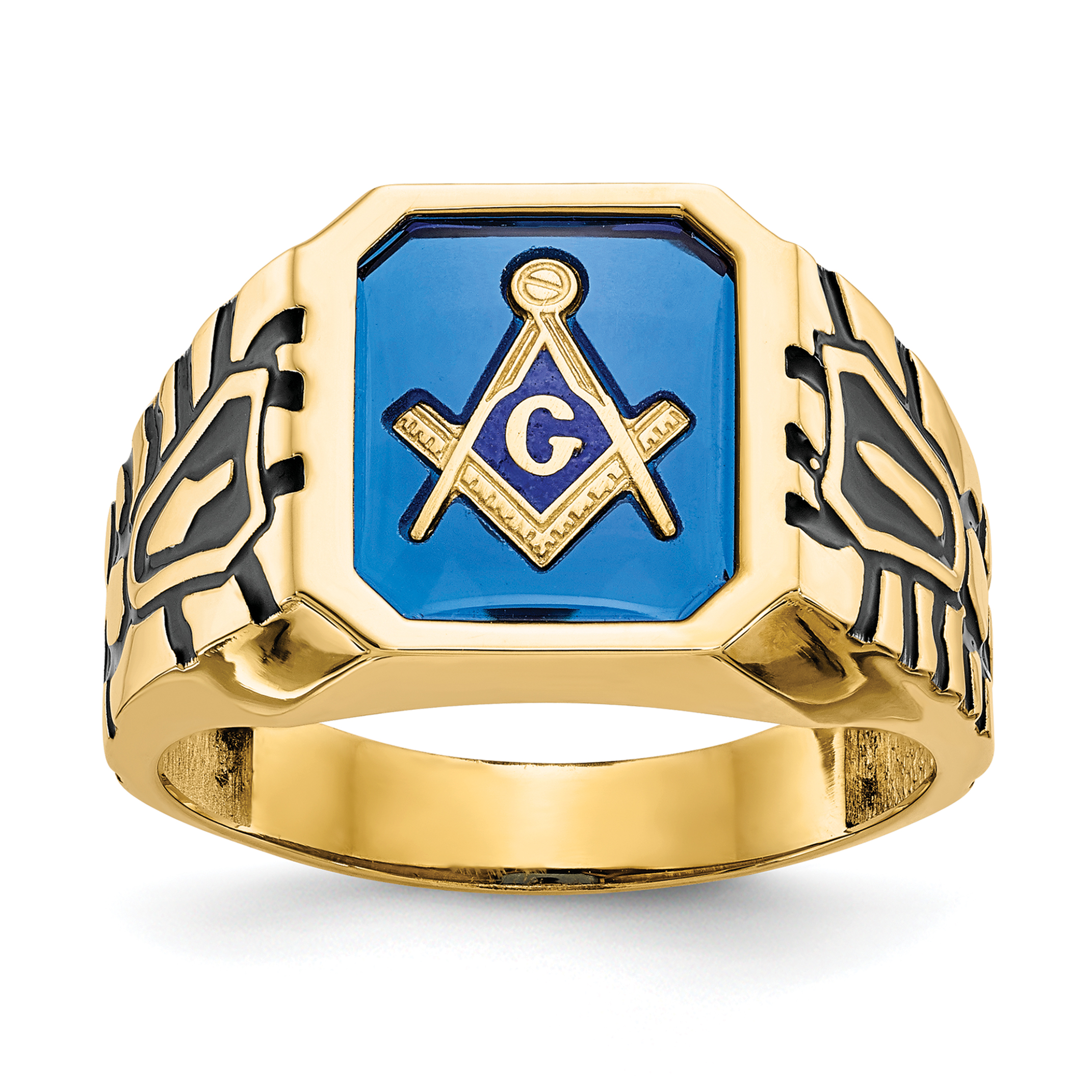 14k Men's Polished, Antiqued and Grooved with Imitation Blue Spinel Masonic Ring (X27)