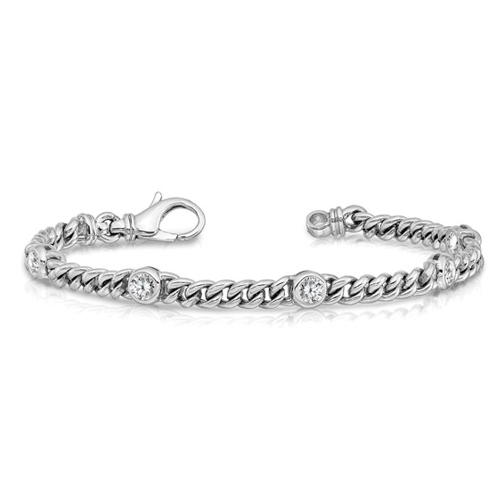 14k White Gold Holds 1 carat 5-3.7mm Round Diamond Bezel Curb Link 7 inch Bracelet Mounting