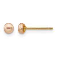 14K Yellow Gold 3-4mm Pink Button Freshwater Cultured Pearl Stud Post Earrings view 1
