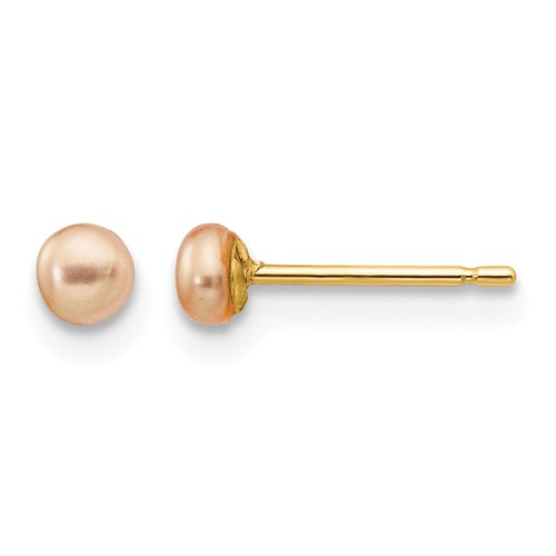 14K Yellow Gold 3-4mm Pink Button Freshwater Cultured Pearl Stud Post Earrings
