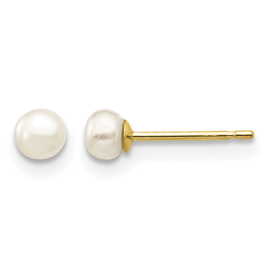 14k 3-4mm White Button Freshwater Cultured Pearl Stud Post Earrings (X30BW)