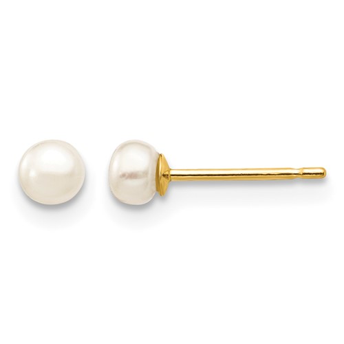 14K Yellow Gold 3-4mm White Button Freshwater Cultured Pearl Stud Post Earrings
