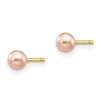 14K Yellow Gold 3-4mm Pink Round Freshwater Cultured Pearl Stud Post Earrings view 2