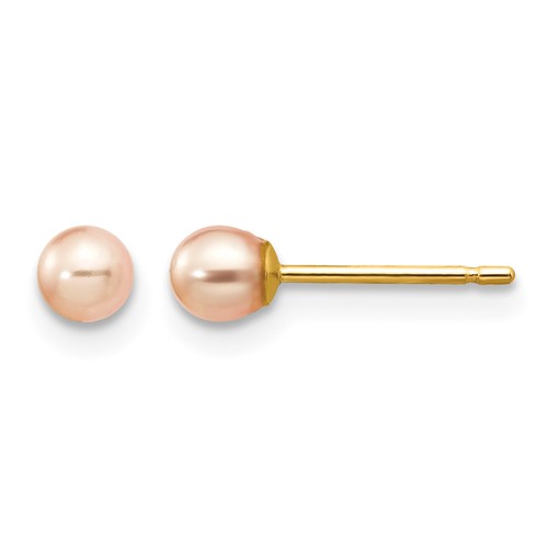 14K Yellow Gold 3-4mm Pink Round Freshwater Cultured Pearl Stud Post Earrings