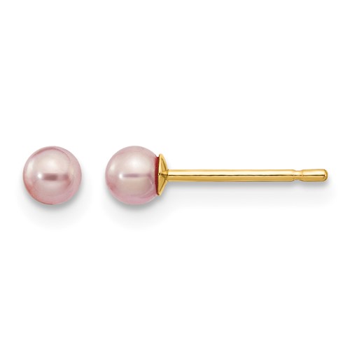 14K Yellow Gold 3-4mm Purple Round Freshwater Cultured Pearl Stud Post Earrings