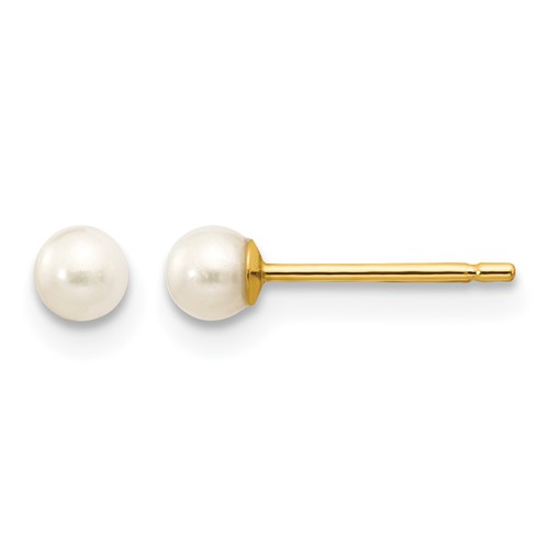 14K Yellow Gold 3-4mm White Round Freshwater Cultured Pearl Stud Post Earrings