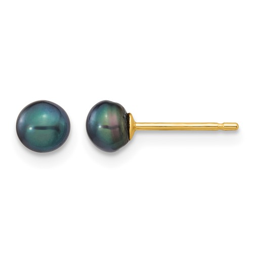 14K Yellow Gold 4-5mm Black Button Freshwater Cultured Pearl Stud Post Earrings