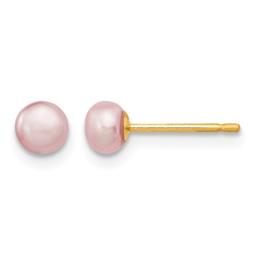 14K Yellow Gold 4-5mm Purple Button Freshwater Cultured Pearl Stud Post Earrings