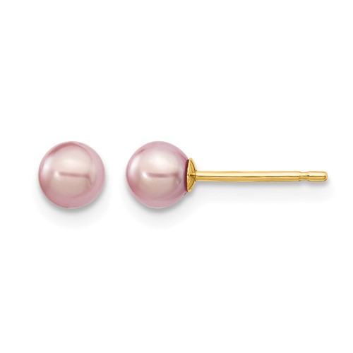 14K Yellow Gold 4-5mm Purple Round Freshwater Cultured Pearl Stud Post Earrings