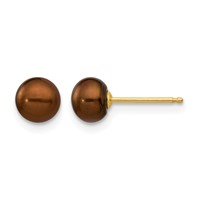 14K 5-6mm Brown Button Freshwater Cultured Pearl Stud Post Earrings view 1
