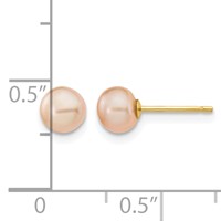 14K Yellow Gold 5-6mm Pink Button Freshwater Cultured Pearl Stud Post Earrings view 4