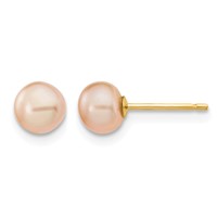 14K Yellow Gold 5-6mm Pink Button Freshwater Cultured Pearl Stud Post Earrings view 1