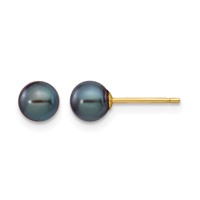 14K Yellow Gold 5-6mm Black Round Freshwater Cultured Pearl Stud Post Earrings view 1