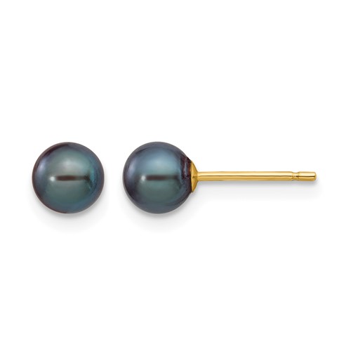 14K Yellow Gold 5-6mm Black Round Freshwater Cultured Pearl Stud Post Earrings