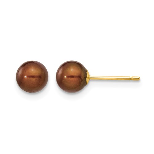 14K Yellow Gold 5-6mm Brown Round Freshwater Cultured Pearl Stud Post Earrings