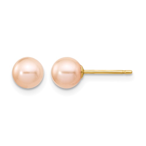 14K Yellow Gold 5-6mm Pink Round Freshwater Cultured Pearl Stud Post Earrings