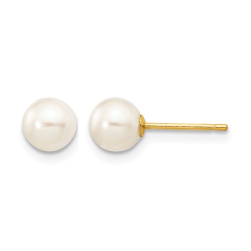 14K Yellow Gold 5-6mm White Round Freshwater Cultured Pearl Stud Post Earrings