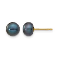 14K 6-7mm Black Button Freshwater Cultured Pearl Stud Post Earrings view 1
