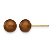 14K Yellow Gold 6-7mm Brown Button Freshwater Cultured Pearl Stud Post Earrings view 1