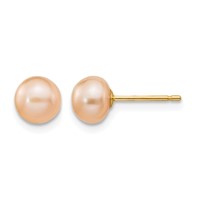 14K 6-7mm Pink Button Freshwater Cultured Pearl Stud Post Earrings view 1