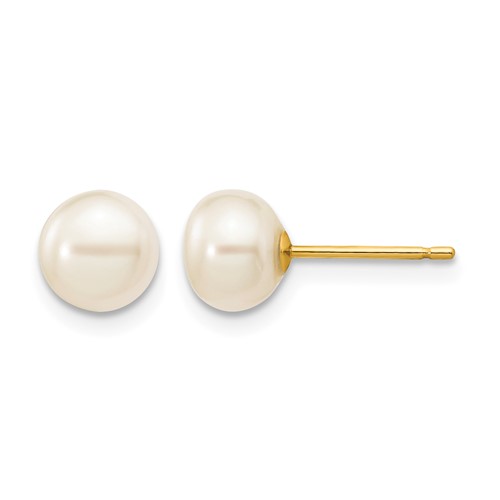 14K Yellow Gold 6-7mm White Button Freshwater Cultured Pearl Stud Post Earrings