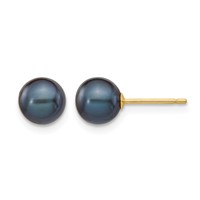 14K Yellow Gold 6-7mm Black Round Freshwater Cultured Pearl Stud Post Earrings view 1