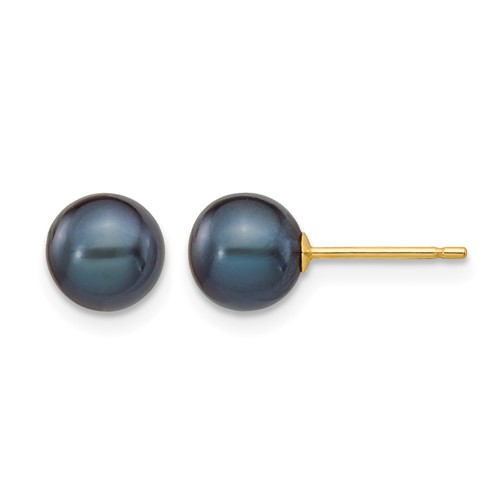 14K Yellow Gold 6-7mm Black Round Freshwater Cultured Pearl Stud Post Earrings
