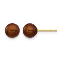 14K Yellow Gold 6-7mm Brown Round Freshwater Cultured Pearl Stud Post Earrings view 1