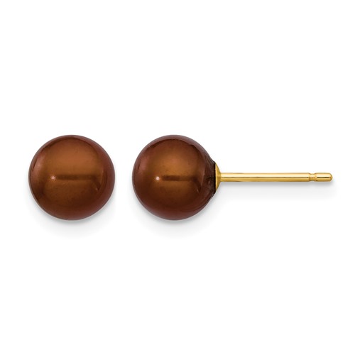 14K Yellow Gold 6-7mm Brown Round Freshwater Cultured Pearl Stud Post Earrings