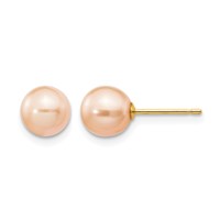 14K Yellow Gold 6-7mm Pink Round Freshwater Cultured Pearl Stud Post Earrings view 1
