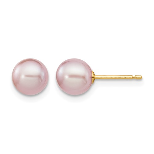 14K Yellow Gold 6-7mm Purple Round Freshwater Cultured Pearl Stud Post Earrings