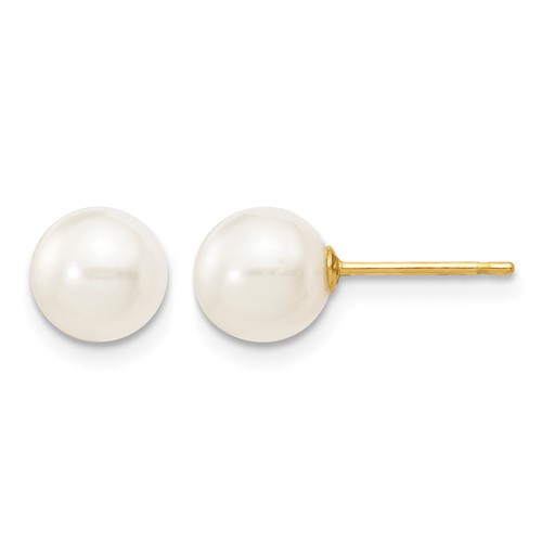 14K Yellow Gold 6-7mm White Round Freshwater Cultured Pearl Stud Post Earrings
