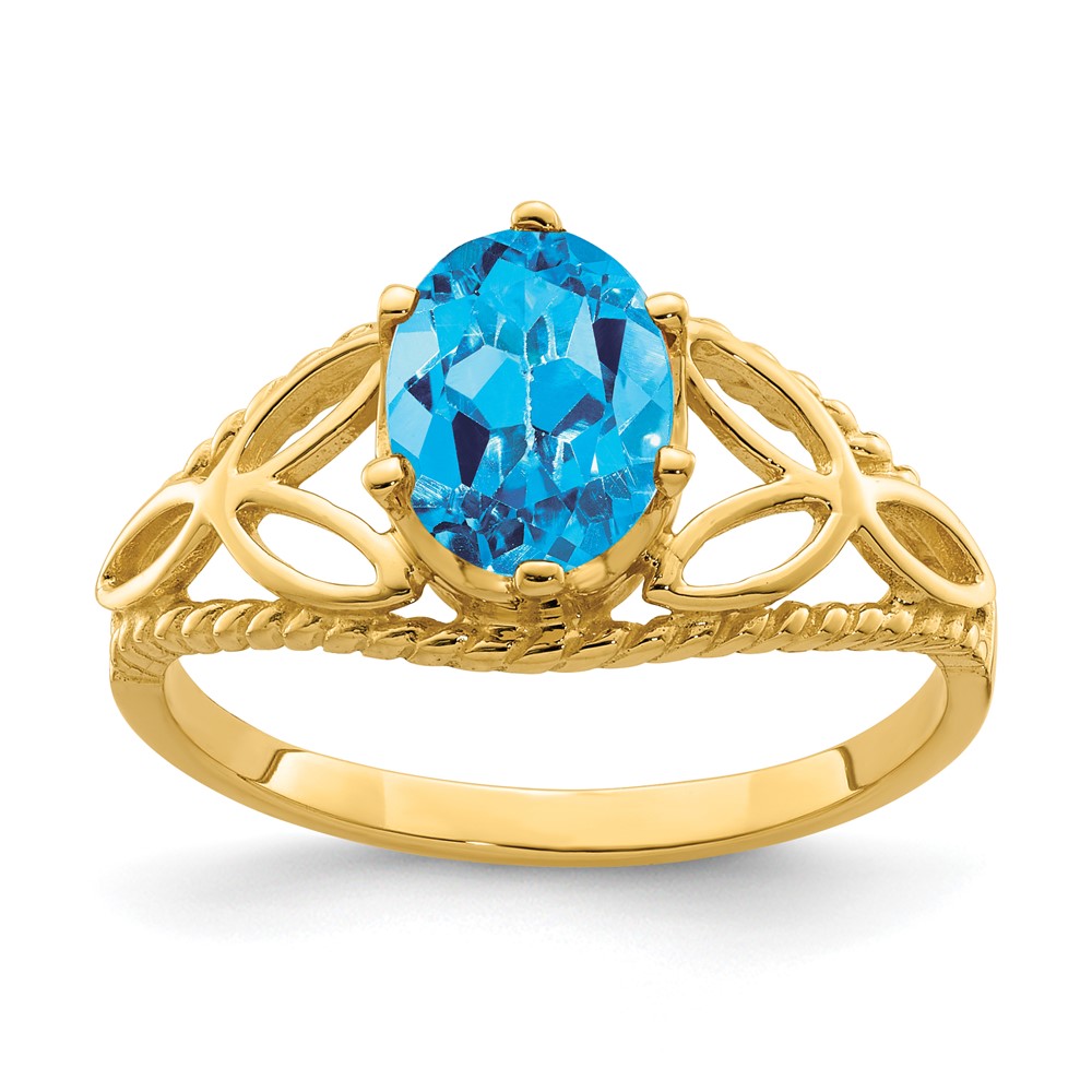 14K Yellow Gold 8x 6mm Oval Blue Topaz Checker-cut Filigree Ring