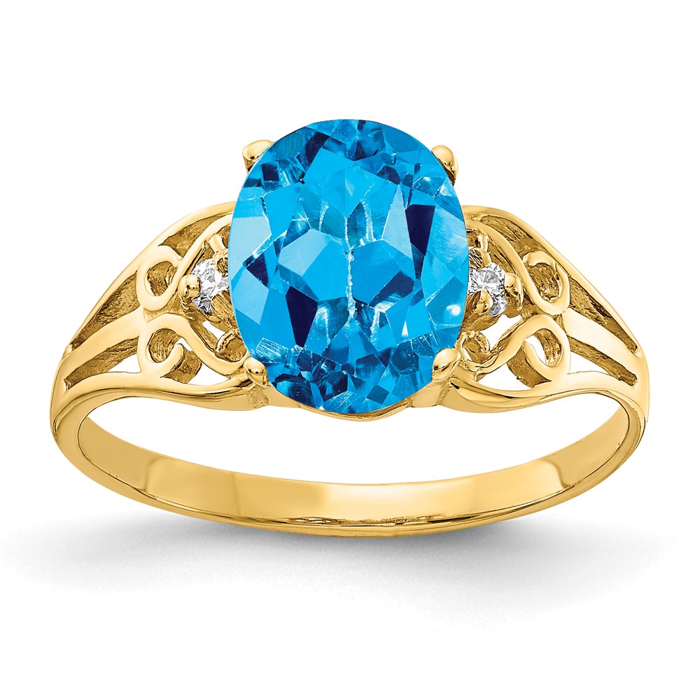 14K Yellow Gold 9x 7mm Oval Blue Topaz and Aaa Diamond Filigree Ring