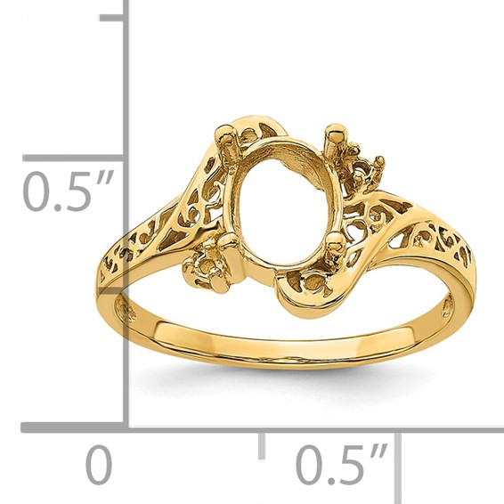 14k Polished Holds 2-1.6mm and 1-9x7 Oval Gemstone Filigree Ring Mounting