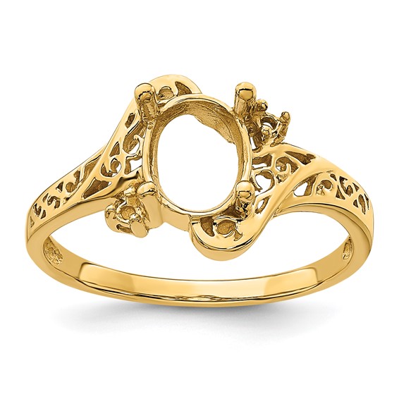 14k Polished Holds 2-1.6mm and 1-9x7 Oval Gemstone Filigree Ring Mounting