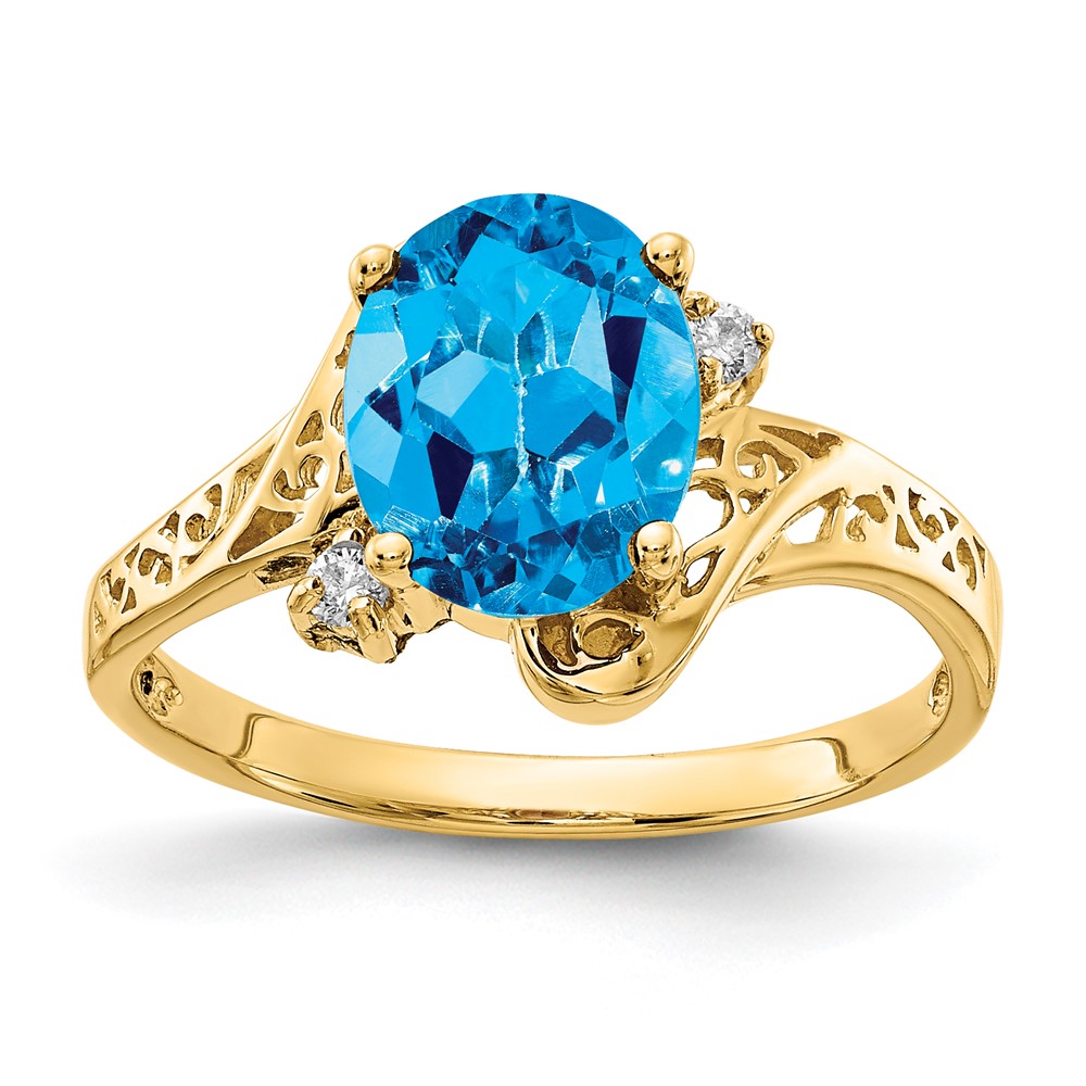14K Yellow Gold 9x7mm Oval Blue Topaz and VS Diamond Ring