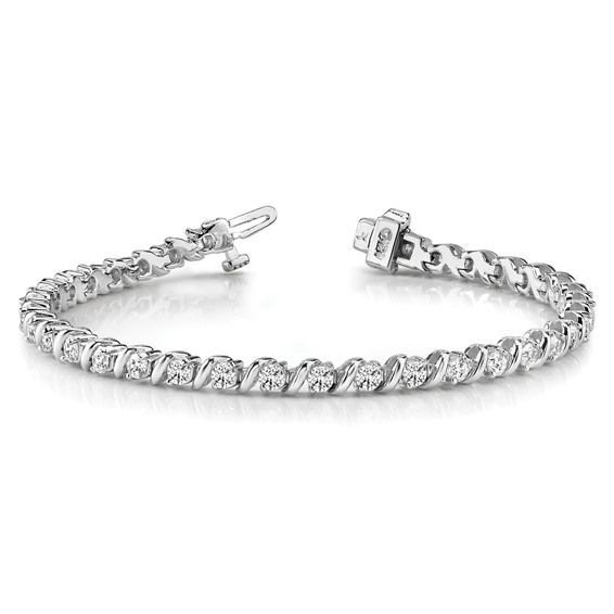14k White Gold Holds 2 carat 44-2.25mm Round Diamond Swirled 2-prong 7 inch Tennis Bracelet Mounting