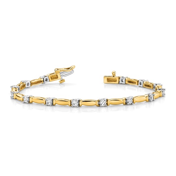 14k Two-tone Holds 1 carat 14-2.6mm Round Diamond Curved Bar Link 7 inch Tennis Bracelet Mounting