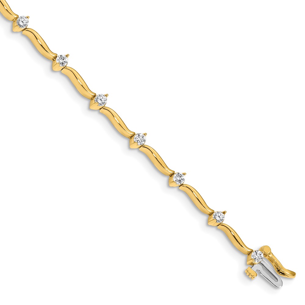 14K Yellow Gold Complete 1 Carat Round AA Diamond 2-prong Wavy Bar Link Tennis Bracelet, 7"