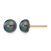 14K 7-8mm Black Button Freshwater Cultured Pearl Stud Post Earrings view 1