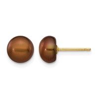 14K 7-8mm Brown Button Freshwater Cultured Pearl Stud Post Earrings view 1