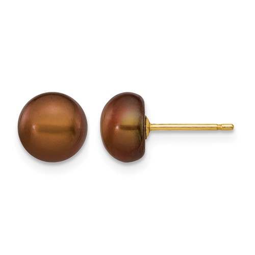 14K Yellow Gold 7-8mm Brown Button Freshwater Cultured Pearl Stud Post Earrings