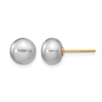 14K Yellow Gold 7-8mm Grey Button Freshwater Cultured Pearl Stud Post Earrings view 1