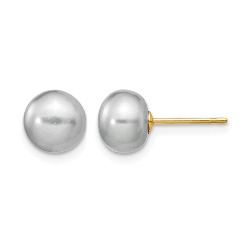 14K Yellow Gold 7-8mm Grey Button Freshwater Cultured Pearl Stud Post Earrings