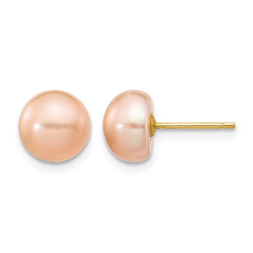 14K Yellow Gold 7-8mm Pink Button Freshwater Cultured Pearl Stud Post Earrings