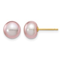 14K Yellow Gold 7-8mm Purple Button Freshwater Cultured Pearl Stud Post Earrings view 1