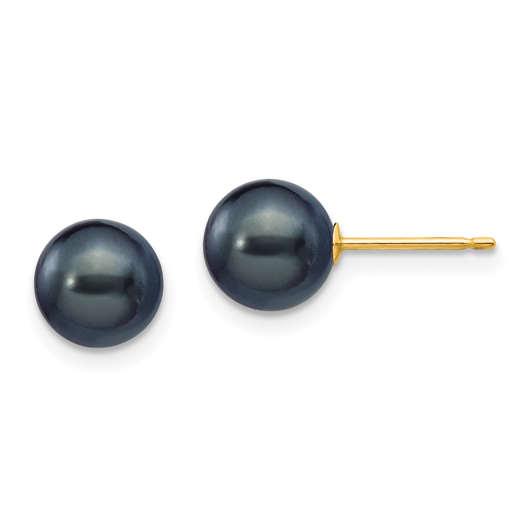 14k 7-8mm Black Round Freshwater Cultured Pearl Stud Post Earrings (X70PB)
