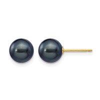 14K Yellow Gold 7-8mm Black Round Freshwater Cultured Pearl Stud Post Earrings view 1